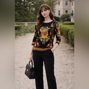 J.McLaughlin Catalina Cloth Baroque Chain Tassel Print Top Black Gold M